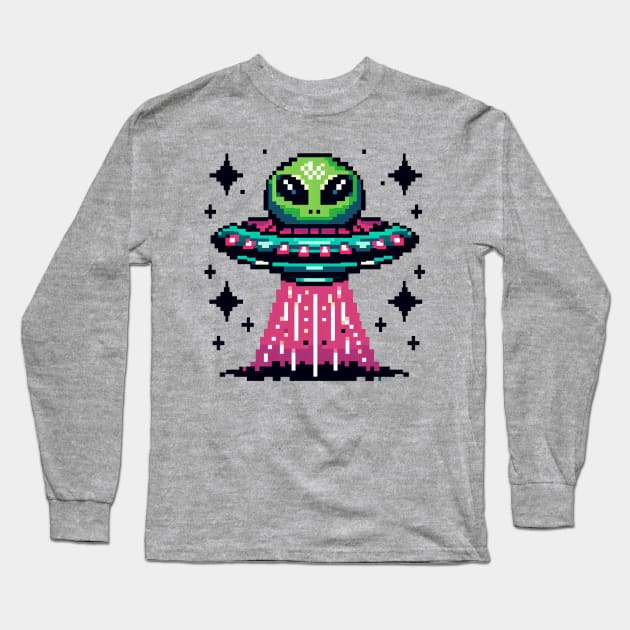 Green Alien UFO Long Sleeve T-Shirt by PXLART